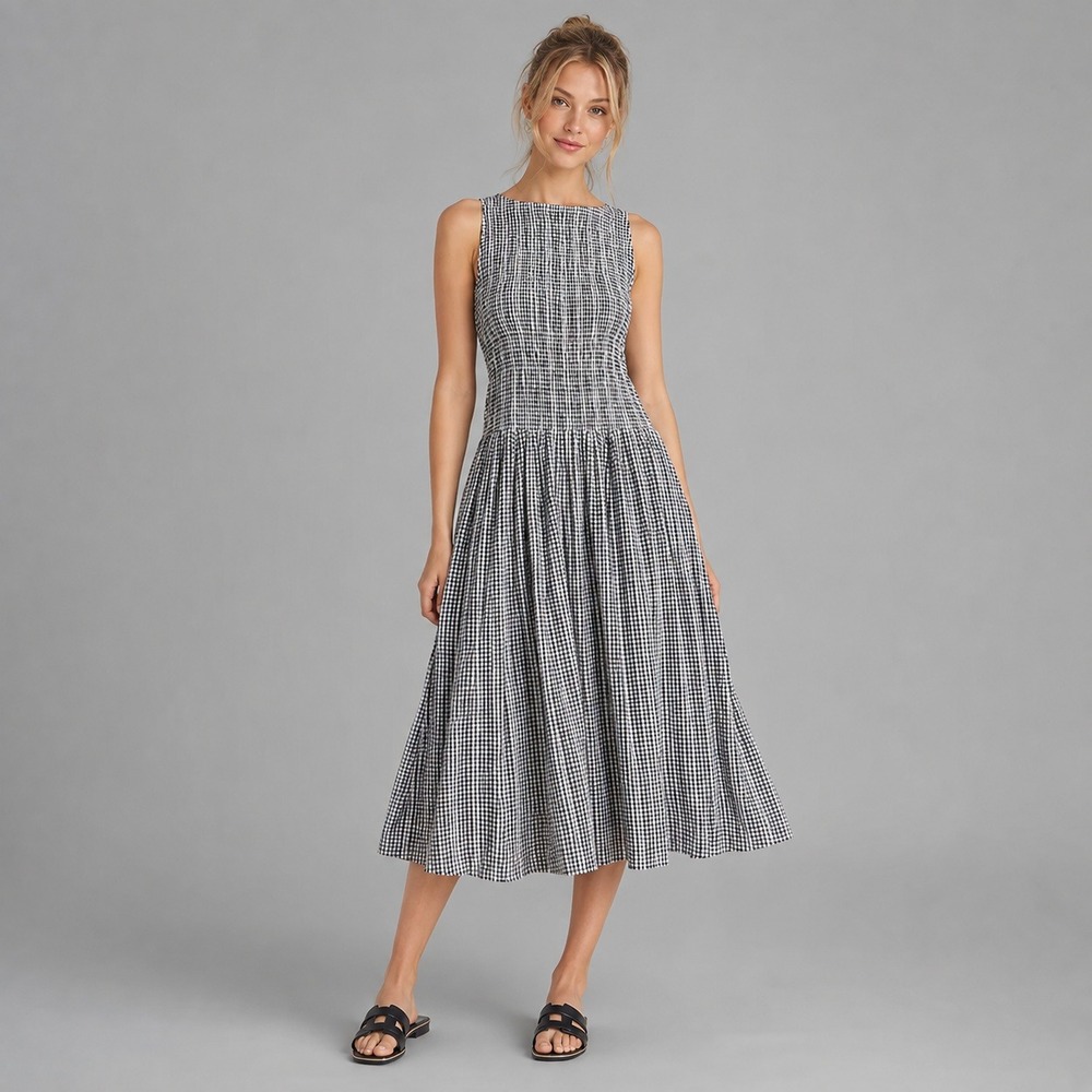 J.Crew Dress Womens Size Small Lina Black Gingham Smocked Top Midi NWT
